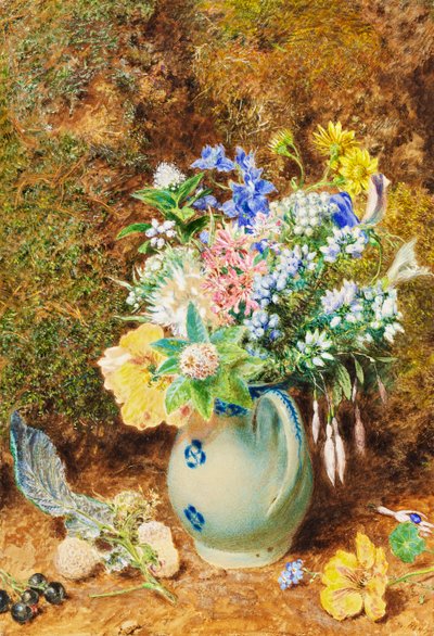 Hellblauer China-Krug mit Heidekraut und kleinen Blumen, ca. 1860 von William Henry Hunt