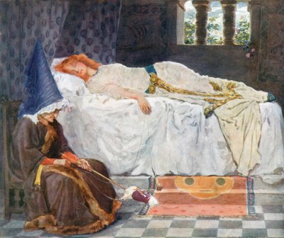 Ihre Augen waren geschlossen, und ihr Haar, vom Sonnenlicht berührt, lag wie Goldfäden auf dem schneeweißen Kissen von William Henry Margetson