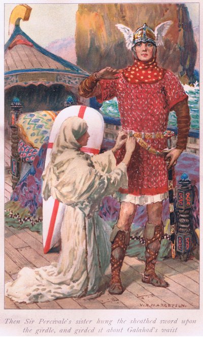 Dann hängte Sir Percivales Schwester das geschlossene Schwert an den Gürtel und gürtete es um Galahads Taille von William Henry Margetson