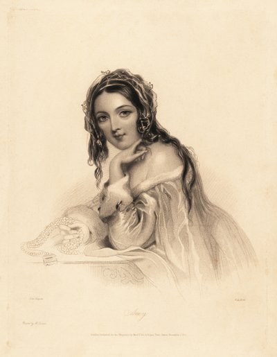 Porträt von Amy. Schönheit mit Schleier über langem Haar, Kleid mit Hermelinbesatz, hält eine Perlenkette. Stahlstich von William Henry Mote nach einer Illustration von John Hayter aus Charles Heaths English Pearls, or Portraits for th von William Henry Mote