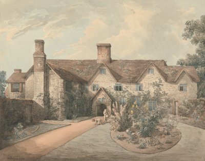 Ein Junge spielt Trommel im Garten eines Landhauses von William Henry Pyne