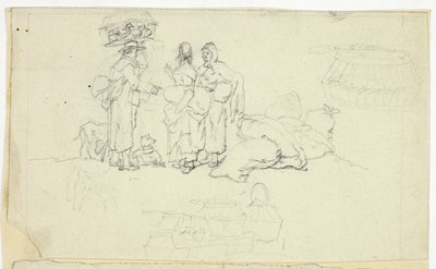 Figuren mit Marktgütern und drei Skizzen von William Henry Pyne