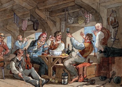 Matrosen trinken an Bord des Unterdecks ihres Schiffes, Szene mit Geigenspieler und Pfeifenraucher, Leinen auf einem Seil und Bordausrüstung (Schwert, Gewehr, Kanone, Lampe) von William Henry Pyne