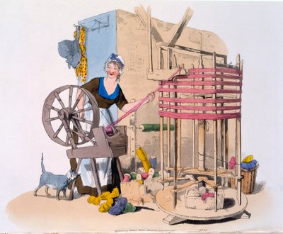 Frau spinnt Wolle auf eine rotierende Maschine zur Herstellung von Strängen, 1808 von William Henry Pyne