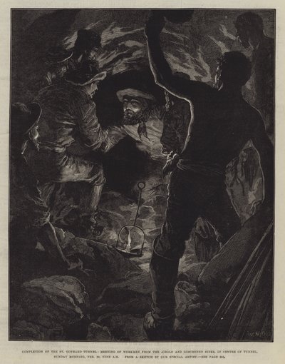 Fertigstellung des St. Gotthard-Tunnels, Treffen der Arbeiter von der Airolo- und Goschenen-Seite im Zentrum des Tunnels, Sonntagmorgen, 29. Februar, neun Uhr von William Heysham Overend