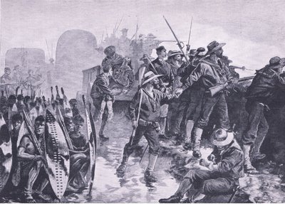 Verteidigung eines Lagers gegen einen Zulu-Angriff, Illustration aus Britische Schlachten zu Land und zu Wasser, 1915 von William Heysham Overend