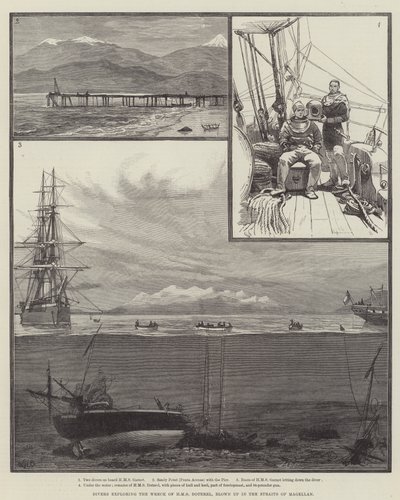 Taucher erkunden das Wrack der HMS Doterel, die in der Magellanstraße explodierte von William Heysham Overend