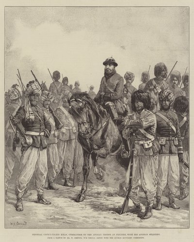 General Ghous-ud-din Khan, Kommandeur der afghanischen Truppen in Penjdeh, mit seinen afghanischen Soldaten von William Heysham Overend