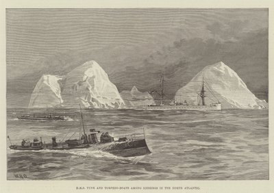 HMS Tyne und Torpedoboote zwischen Eisbergen im Nordatlantik von William Heysham Overend