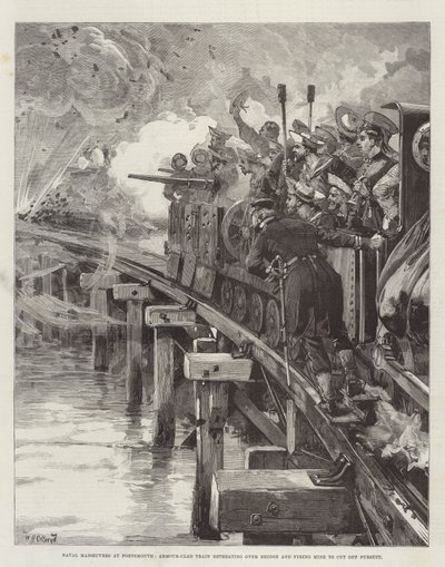 Marine-Manöver in Portsmouth, gepanzerter Zug zieht sich über Brücke zurück und zündet Mine zur Verfolgungsunterbrechung von William Heysham Overend