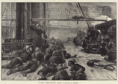 An Bord eines türkischen Kriegsschiffs, das sich auf das Rammen vorbereitet, Schießen durch Elektrizität von William Heysham Overend