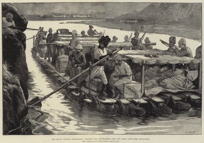Unsere Truppen verlassen Afghanistan, kranke und verwundete Soldaten treiben den Cabul-Fluss von Jellalabad hinunter von William Heysham Overend