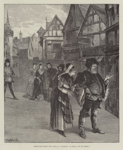 Szene aus Verdis neuer Oper Falstaff, in Mailand, Akt III, Szene 1 von William Heysham Overend