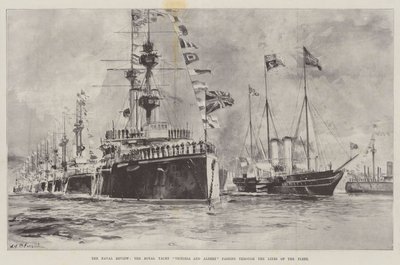 Die Marineparade, die königliche Yacht Victoria und Albert passiert die Linien der Flotte von William Heysham Overend