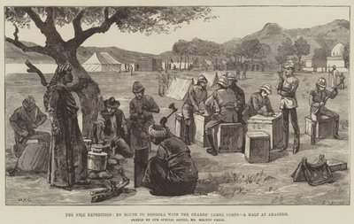 Die Nil-Expedition, auf dem Weg nach Dongola mit dem Kamelkorps der Wachen, ein Halt in Akasheh von William Heysham Overend