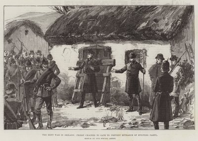 Der Mietkrieg in Irland, Priester an Tor gekettet, um den Eintritt der Räumungstruppe zu verhindern von William Heysham Overend
