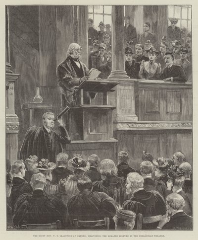 Der ehrenwerte W. E. Gladstone in Oxford, hält die Romanes Lecture im Sheldonian Theatre von William Heysham Overend