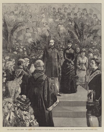 Der königliche Besuch in Leeds, der Prinz und die Prinzessin von Wales erhalten eine Ansprache der Leeds Corporation in der Victoria Hall von William Heysham Overend