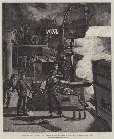Die Situation in Souakim, HMS Albacore beschießt Osman Dignas Truppen mit elektrischem Licht von William Heysham Overend