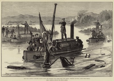 Der Krieg, russische Offiziere nehmen die osmanische Flagge von der Lutfi Djelil, türkisches Kanonenboot, das in der Nähe von Braila gesunken ist, herunter von William Heysham Overend