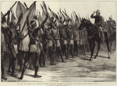 Der Zulukrieg, General Lord Chelmsford überprüft das einheimische Kontingent am Ufer des Tugela, Einheimische rufen H-H-Ooo! von William Heysham Overend