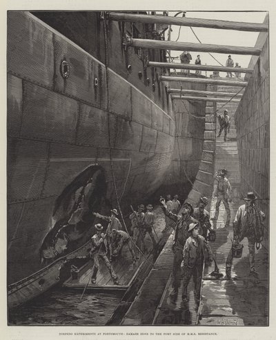 Torpedo-Experimente in Portsmouth, Schaden an der Backbordseite der HMS Resistance von William Heysham Overend