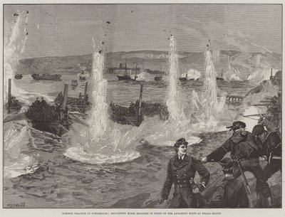 Torpedoübungen in Portsmouth, Sprengung von Schießbaumwollminen vor den angreifenden Booten auf Whale Island von William Heysham Overend