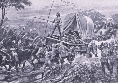 Zulu-Krieg: Die Estowe-Entsatztruppe überquert einen Bach, April 1879, Illustration aus Britische Schlachten zu Land und zu Wasser, 1915 von William Heysham Overend