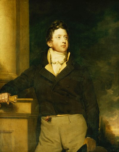 Porträt eines Gentlemans, stehend, Dreiviertellänge, mit brauner Jacke und weißem Jabot, in einer Landschaft von William Hilton