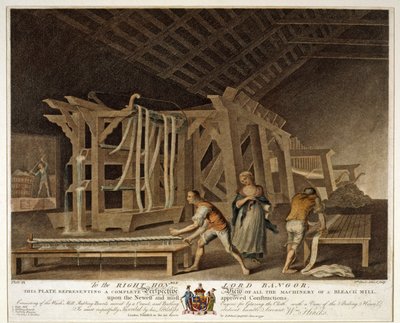 Perspektivische Ansicht aller Maschinen einer Bleichmühle, Platte IX der Leinenmanufaktur von Irland, 1791 von William Hincks