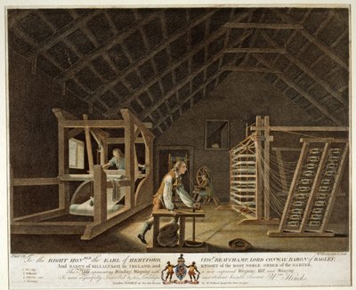 Wickeln, Schären mit einer neuen verbesserten Schärmühle und Weben, Platte VII der Leinenmanufaktur von Irland, 1791 von William Hincks