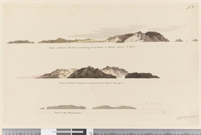 Seite 8 (a) Blick auf Porto Santo von NNW bis WBN in 5 Meilen Entfernung (b) Blick auf Porto Santo nach Norden in 2 Seemeilen Entfernung und (c) Blick auf die Deserteure von William Hodges