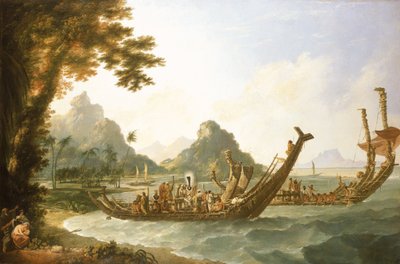 Die Kriegsschiffe der Insel Otaheite (Tahiti) und der Gesellschaftsinseln, mit einem Blick auf einen Teil des Hafens von Ohaneneno auf der Insel Ulieta, einer der Gesellschaftsinseln von William Hodges
