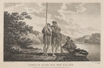 Ansicht der Bay of Islands (Dusky Bay) (Neuseeland) mit einer Maori-Familie. Gravur (33,9x47,1 cm) nach einer Zeichnung von William Hodges (1744-1797), um 1785 von William Hodges