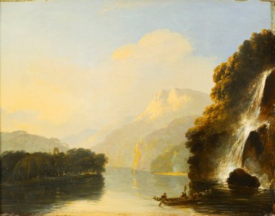 Wasserfall in der Dusky Bay mit einem Maori-Kanu von William Hodges