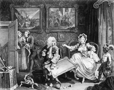 Der Fortschritt einer Dirne, Platte II, Streit mit ihrem jüdischen Beschützer von William Hogarth