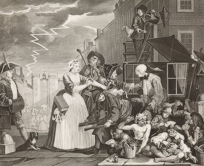 Der Weg eines Liederlichen, Blatt 4: Tom Rakewell verhaftet und gerettet von William Hogarth