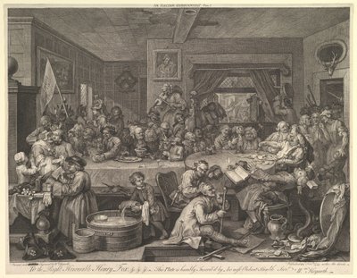 Ein Wahlbankett, Platte I: Vier Drucke einer Wahl von William Hogarth