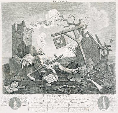 Bathos, Art des Sinkens, in erhabenen Gemälden den Händlern dunkler Bilder gewidmet, 1764 von William Hogarth