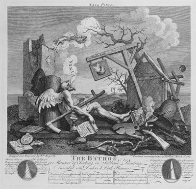 Bathos, Art des Sinkens, in erhabenen Gemälden den Händlern dunkler Bilder gewidmet, 1764 von William Hogarth