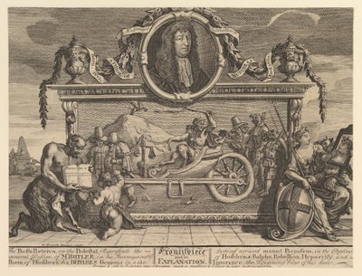 Frontispiz und seine Erklärung: Zwölf große Illustrationen für Samuel Butler von William Hogarth
