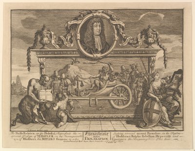Frontispiz und seine Erklärung, Zwölf große Illustrationen für Samuel Butlers Hudibras, 1725-68 von William Hogarth