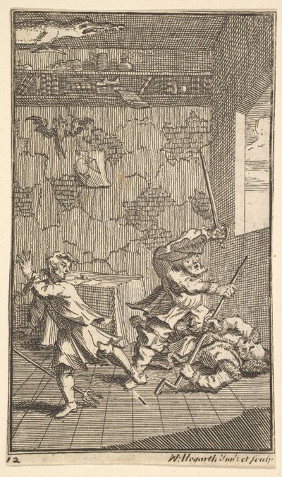 Hudibras schlägt Sidrophel und Whachum, siebzehn kleine Illustrationen für Samuel Butler, 1721-26 von William Hogarth