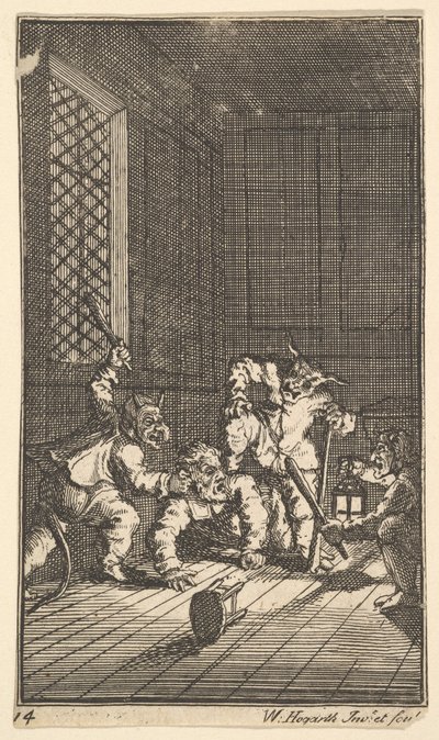 Hudibras wird verhört, siebzehn kleine Illustrationen für Samuel Butlers Hudibras, Nr. 14, 1721-26 von William Hogarth