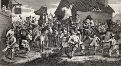 Hudibras trifft auf den Skimmington, graviert von T.E. Nicholson, aus 