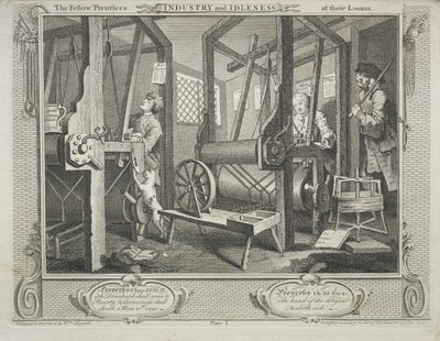 Industrie und Müßiggang: Die Gefährten an ihren Webstühlen, 1747 von William Hogarth