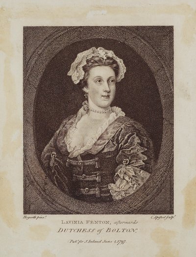 Lavinia Fenton, später Herzogin von Bolton, graviert von Cornelius Apostool (1797) von William Hogarth