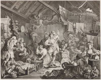 Wanderschauspielerinnen beim Umkleiden in einer Scheune von William Hogarth