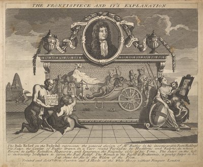 Das Frontispiz und seine Erklärung, Platte 1: Illustrationen zu Samuel Butlers Hudibras (1725-30) von William Hogarth