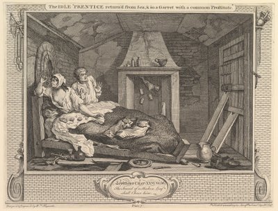 Der faule Lehrling kehrt vom Meer zurück und in einer Dachkammer mit einer gewöhnlichen Prostituierten, 30. September 1747 von William Hogarth